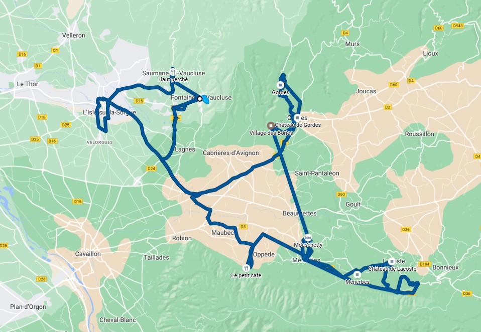 Read more about the article 4 août Visites de Lacoste, Abbaye de St-Hilère, Fontaine du Vaucluse, Oppède le Vieux